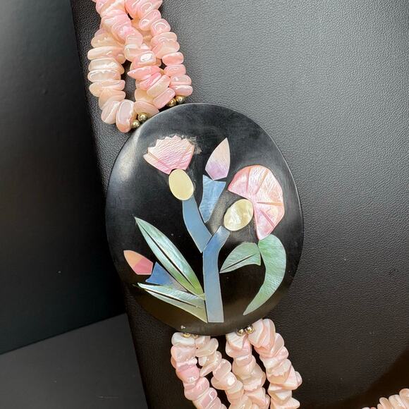 Vintage Lee Sands Floral Shell Inlay Necklace Pink and Black Floral Necklace 28" - Picture 2 of 5